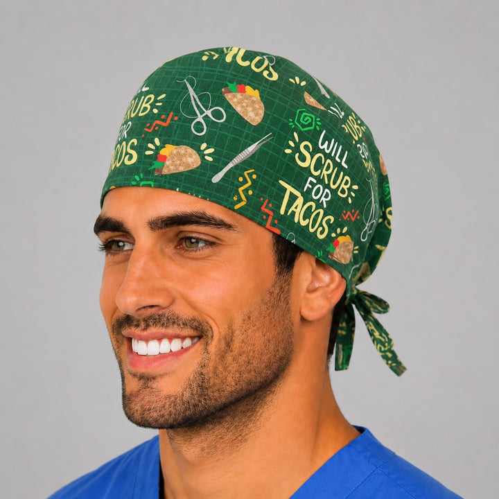 Angled view of Will Scrub for Tacos funny taco surgical cap on a male OR nurse — handmade-in-USA green tie-back scrub hat, funny healthcare worker gift.