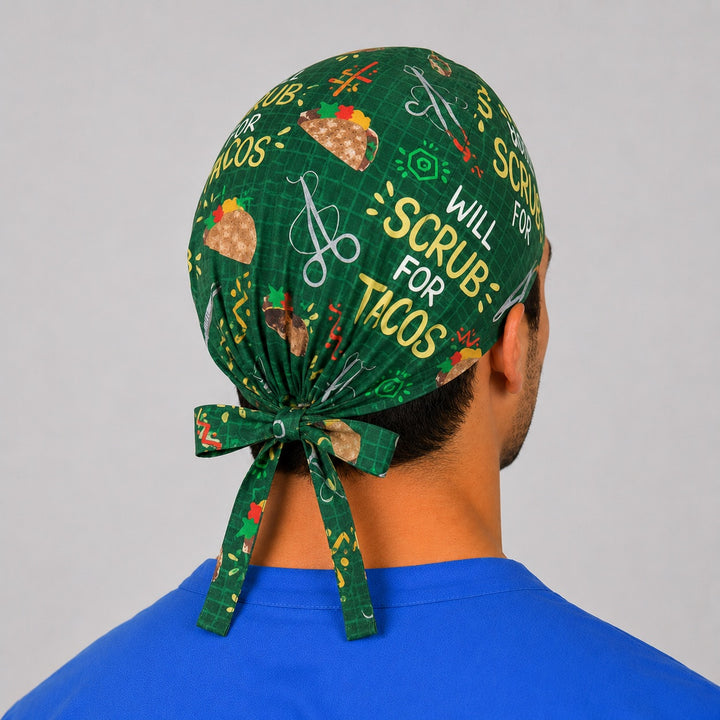 Back view of Will Scrub for Tacos scrub cap showing secure tie-back closure — green taco-print surgical hat for men, handmade in USA by OR World.