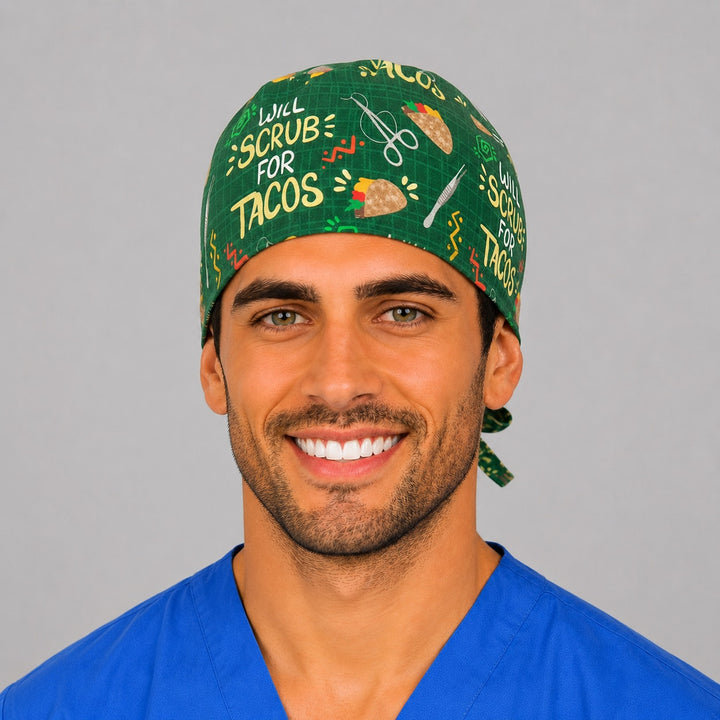 Will Scrub for Tacos funny taco scrub cap, front view on a male model in blue scrubs — green tie-back surgical hat for OR nurses, handmade in USA by OR World.