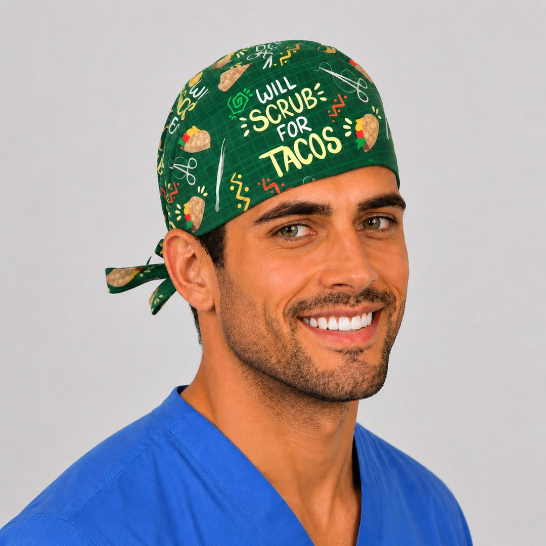 Side view of Will Scrub for Tacos funny scrub cap on a man — green tie-back surgical hat with tacos and surgical tools, gift for OR nurses and surgeons.
