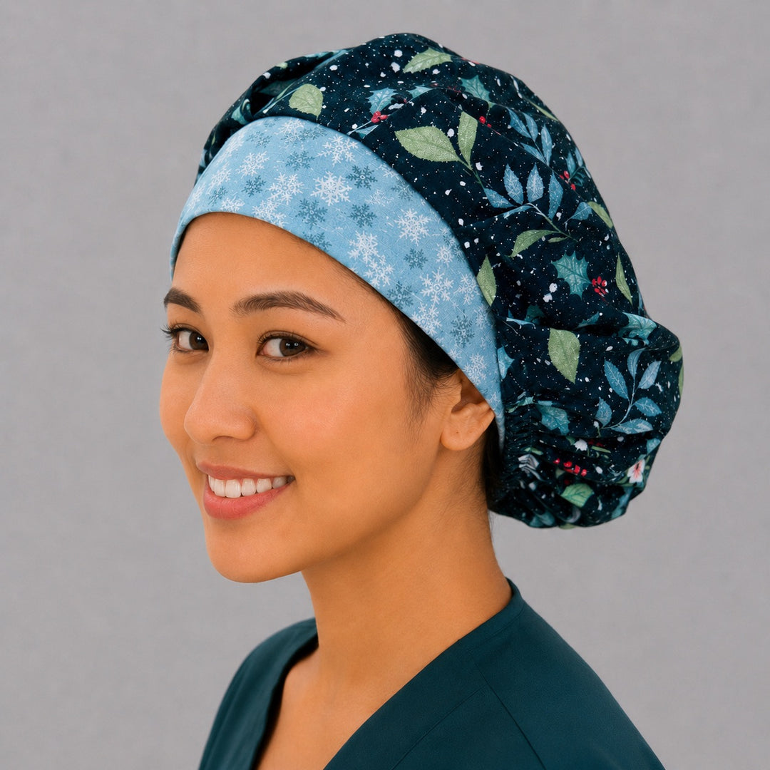 Winter berry glitter bouffant surgical cap for women, three-quarter view — holly and snowflake print bouffant scrub hat, breathable cotton