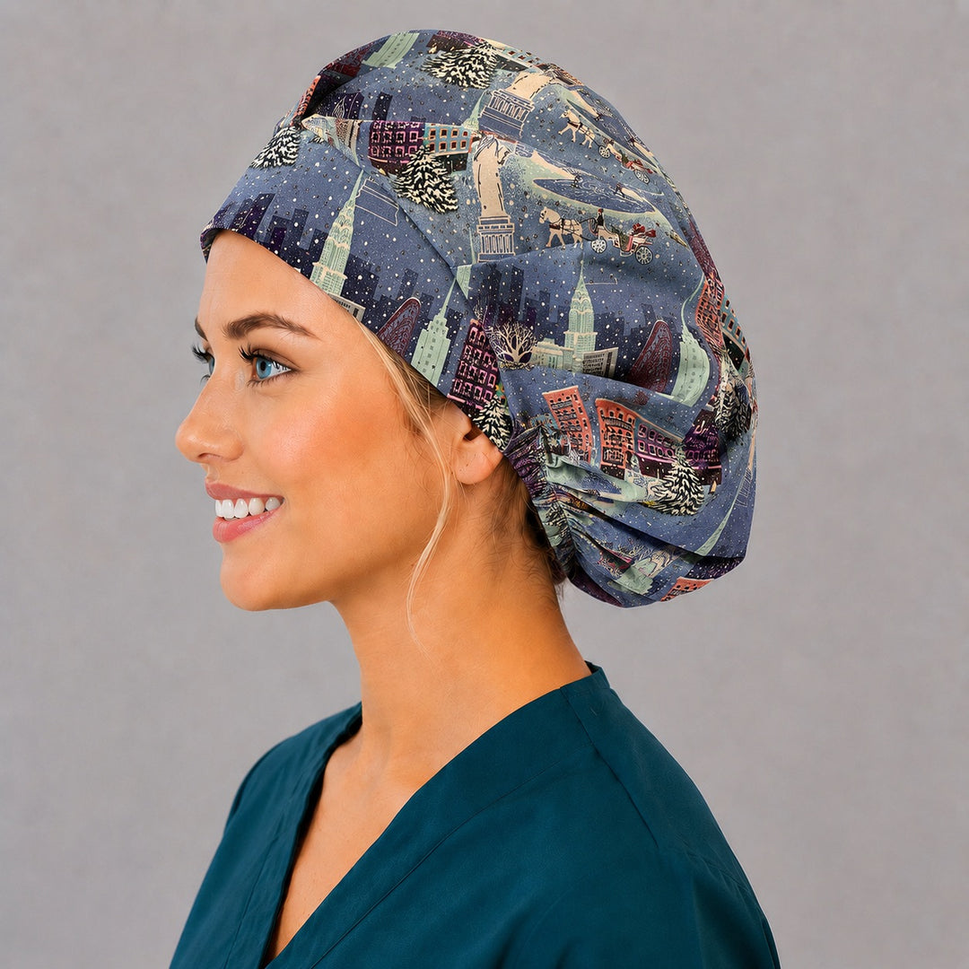 Winter city bouffant scrub cap, left angled view — Statue of Liberty and Central Park ice skaters print for OR nurses and surgical techs