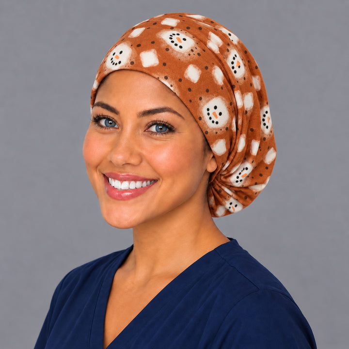 Winter cocoa Euro surgical cap, left angled view — elastic adjustable back that secures long or thick hair