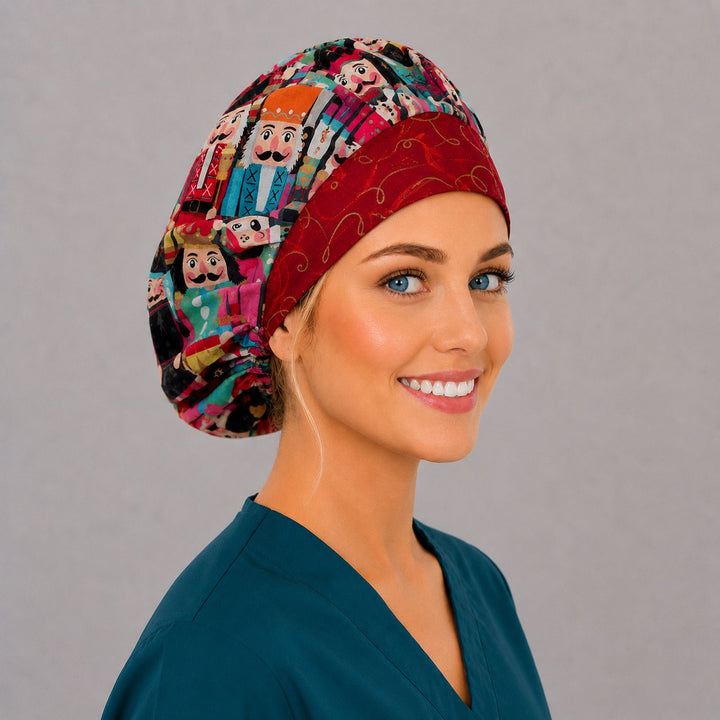 Winter nutcracker bouffant surgical cap for long hair, right angled view — deep gathered fit that secures thick or braided hair