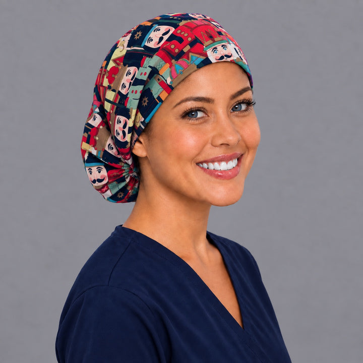 Winter nutcracker Euro surgical cap, left angled view — elastic adjustable back that secures long or thick hair