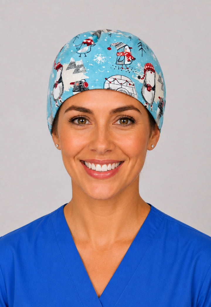 Winter penguin scrub cap for short hair, handmade aqua tie-back surgical hat with penguins and igloos on OR nurse, front view