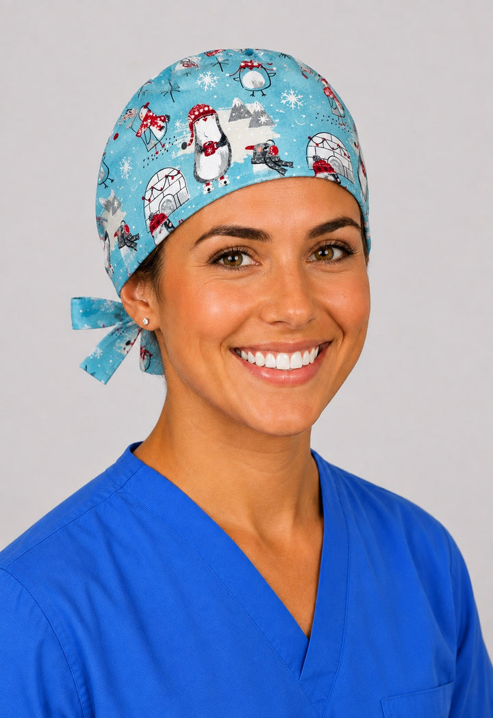 Angled front view of winter penguin snowflake scrub cap in aqua, handmade holiday nurse hat
