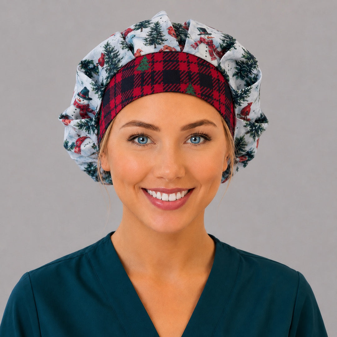 Winter pine tree bouffant cap for women, opposite side profile — handmade snowman and cardinal holiday surgical cap, USA made