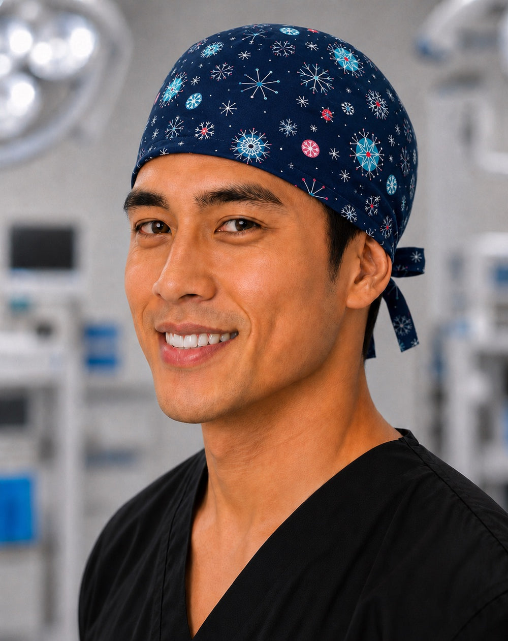 Three-quarter view of navy winter snowflake men's tie-back scrub cap, holiday OR surgical hat handmade in the USA