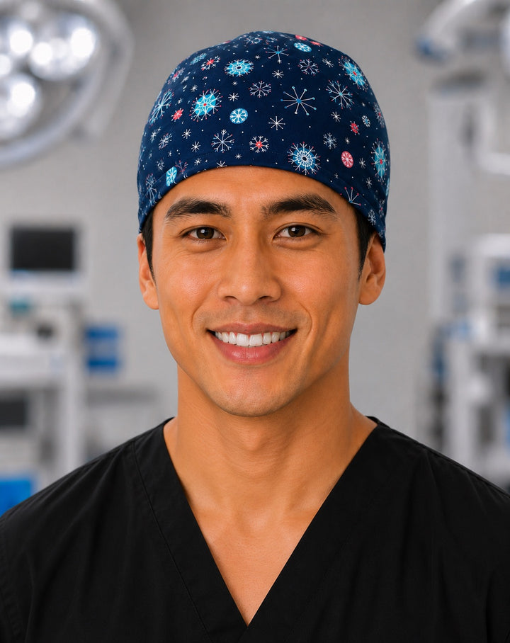 Winter snowflake scrub cap with blue, pink and white snowflakes on navy, handmade men&