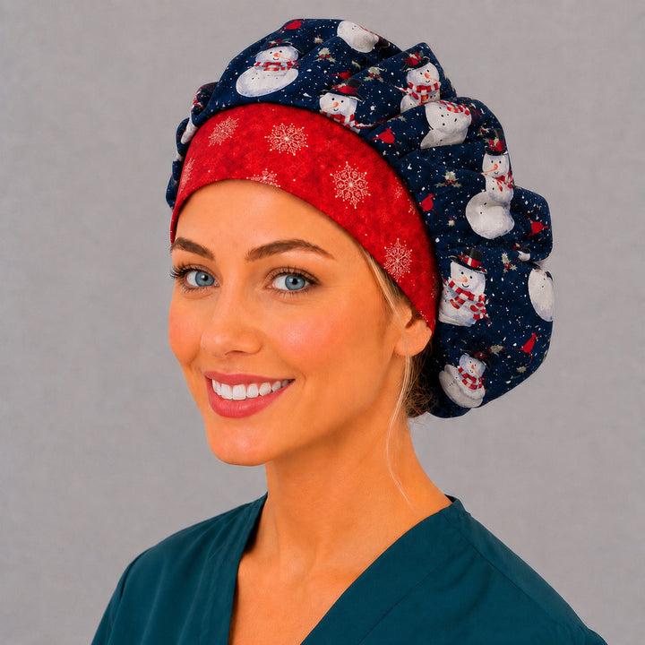Winter snowman bouffant scrub cap, left angled view — black holly and cardinal print for OR nurses and surgical techs