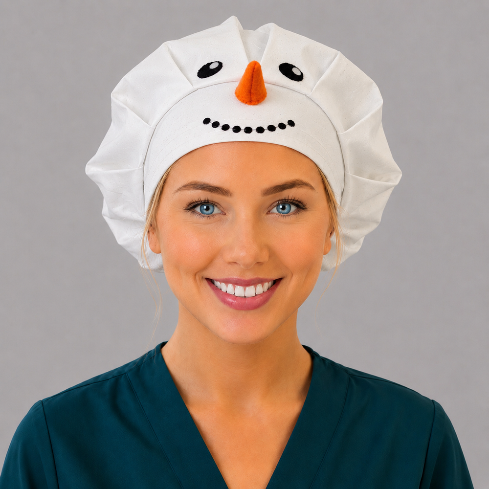 Winter white snowman 3D nose bouffant scrub cap for women, front view, snowman face with embroidered eyes and orange carrot nose, handmade Christmas surgical hat by OR World