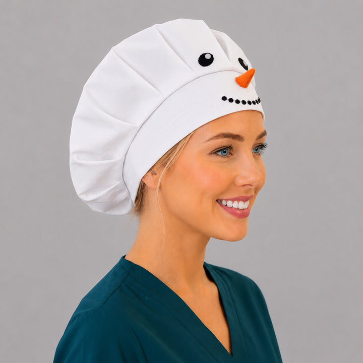 Winter white snowman bouffant surgical cap right side profile showing 3D snowman face with orange carrot nose, OR World Christmas nurse hat