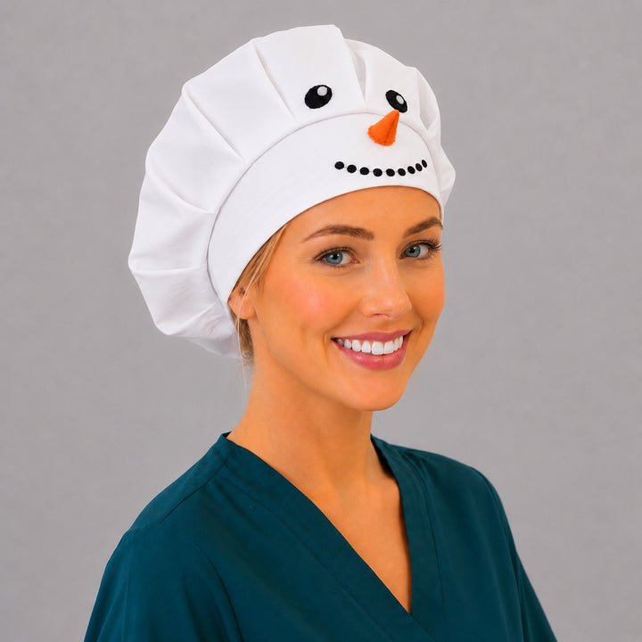 Winter white snowman bouffant scrub cap right three-quarter angle on smiling model showing 3D snowman face with orange carrot nose, OR World Christmas nurse hat