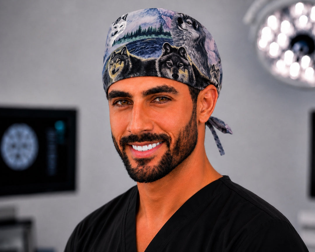 Wolf eagle mountain wilderness men's tie-back scrub cap, wildlife OR surgical hat handmade in the USA for nurses and surgeons, front view
