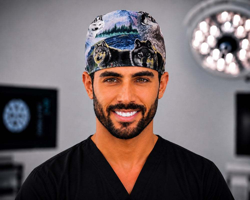 Wolf and eagle scrub cap and wilderness wildlife surgical hat with wolves, bald eagles and mountains, handmade men's tie-back cap on male OR nurse, front view
