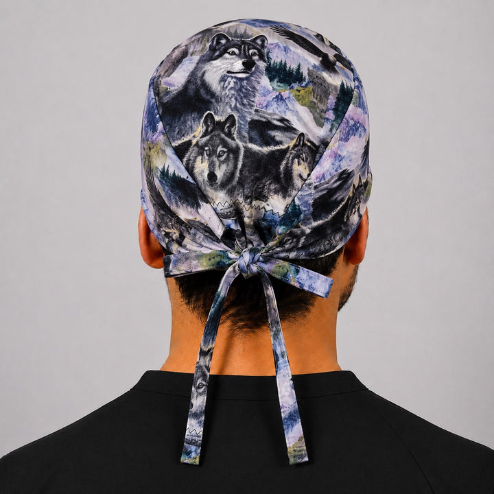Back view of adjustable tie-back knot on wolf and eagle wilderness scrub cap surgical hat for men