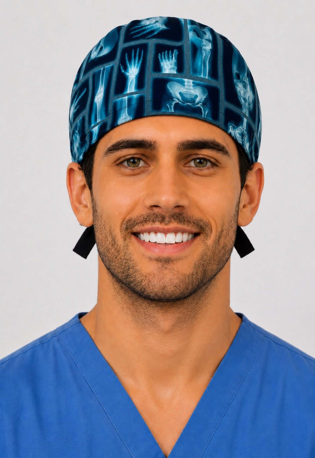 Radiology x-ray skeleton scrub cap for men, front view — blue skull and bone surgical hat for radiology techs and OR nurses, handmade USA by OR World.