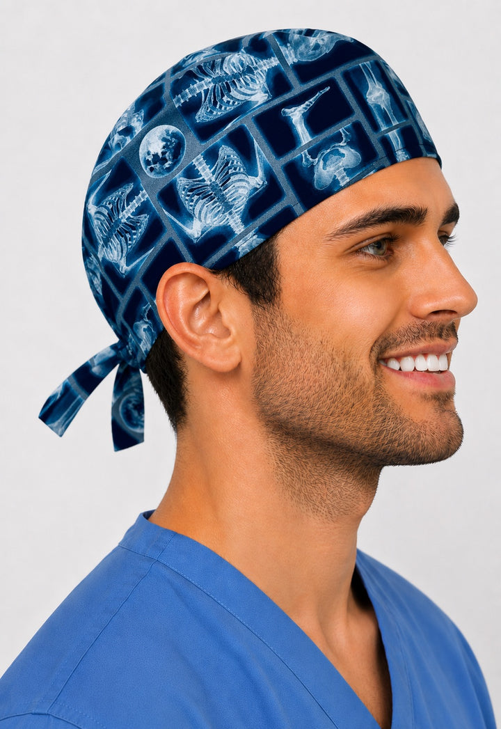 Side profile of x-ray skeleton print surgical hat for men — blue skull and bone scrub cap for x-ray techs and OR staff.