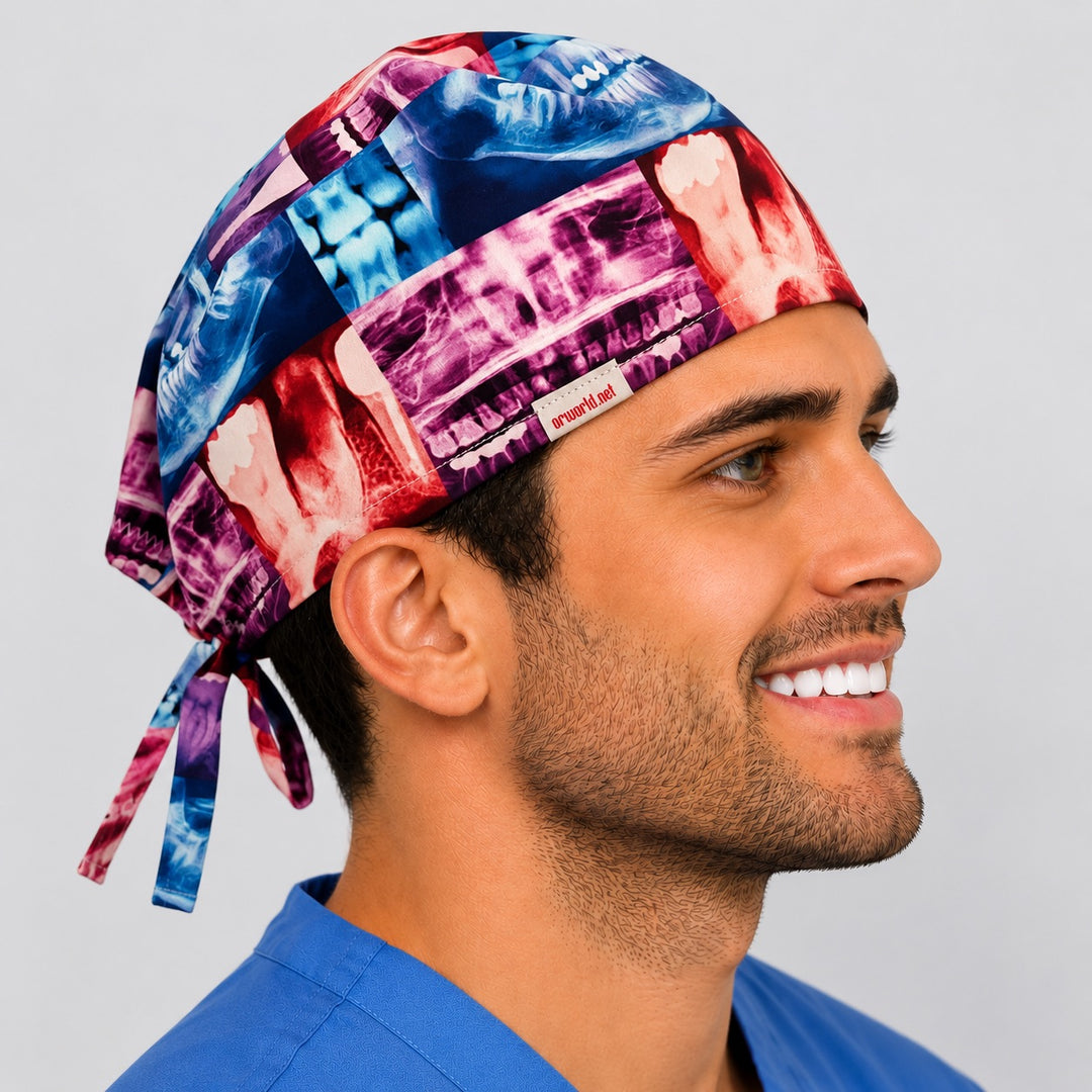 Opposite side profile of the X-ray anatomy scrub cap showing teeth and skull radiographs in blue, red and purple