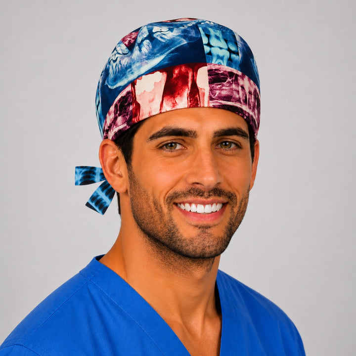 Man wearing an X-ray print tie-back scrub cap in blue, red and purple with teeth, skull and bone radiographs, front view — OR World radiology &amp; dental surgical hat