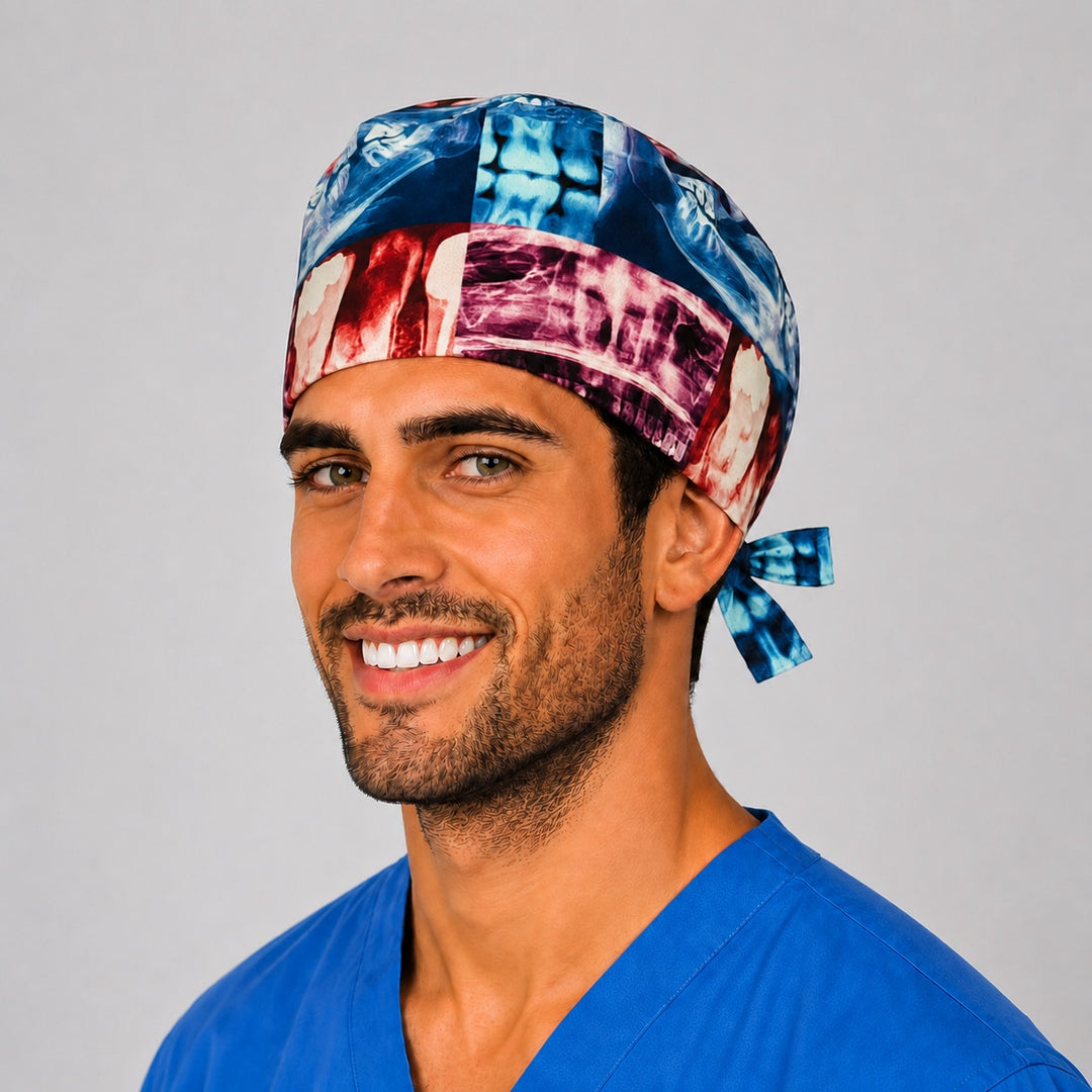 X-ray radiology and dental print scrub cap on a smiling male rad tech, front three-quarter angle showing the tie-back