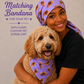 XXL custom pet photo ponytail scrub cap with matching pet dog bandana view on model with long natural hair personalized surgical hat for nurses OR World handmade USA