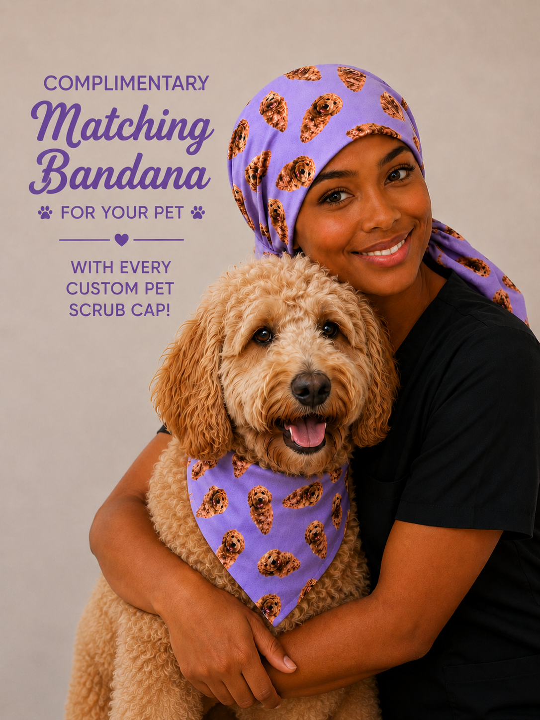 XXL custom pet photo ponytail scrub cap with matching pet dog bandana view on model with long natural hair personalized surgical hat for nurses OR World handmade USA