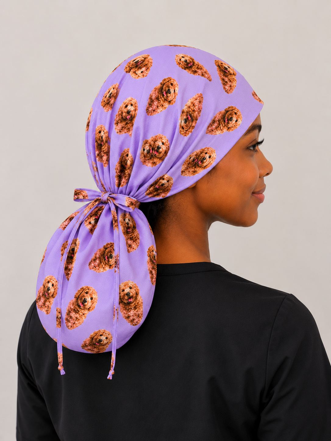 XXL custom pet photo ponytail scrub cap back view showing extra large hair pouch personalized surgical hat for long thick natural hair OR World