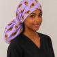 XXL custom pet photo ponytail scrub cap front view on model with long natural hair personalized surgical hat for nurses OR World handmade USA