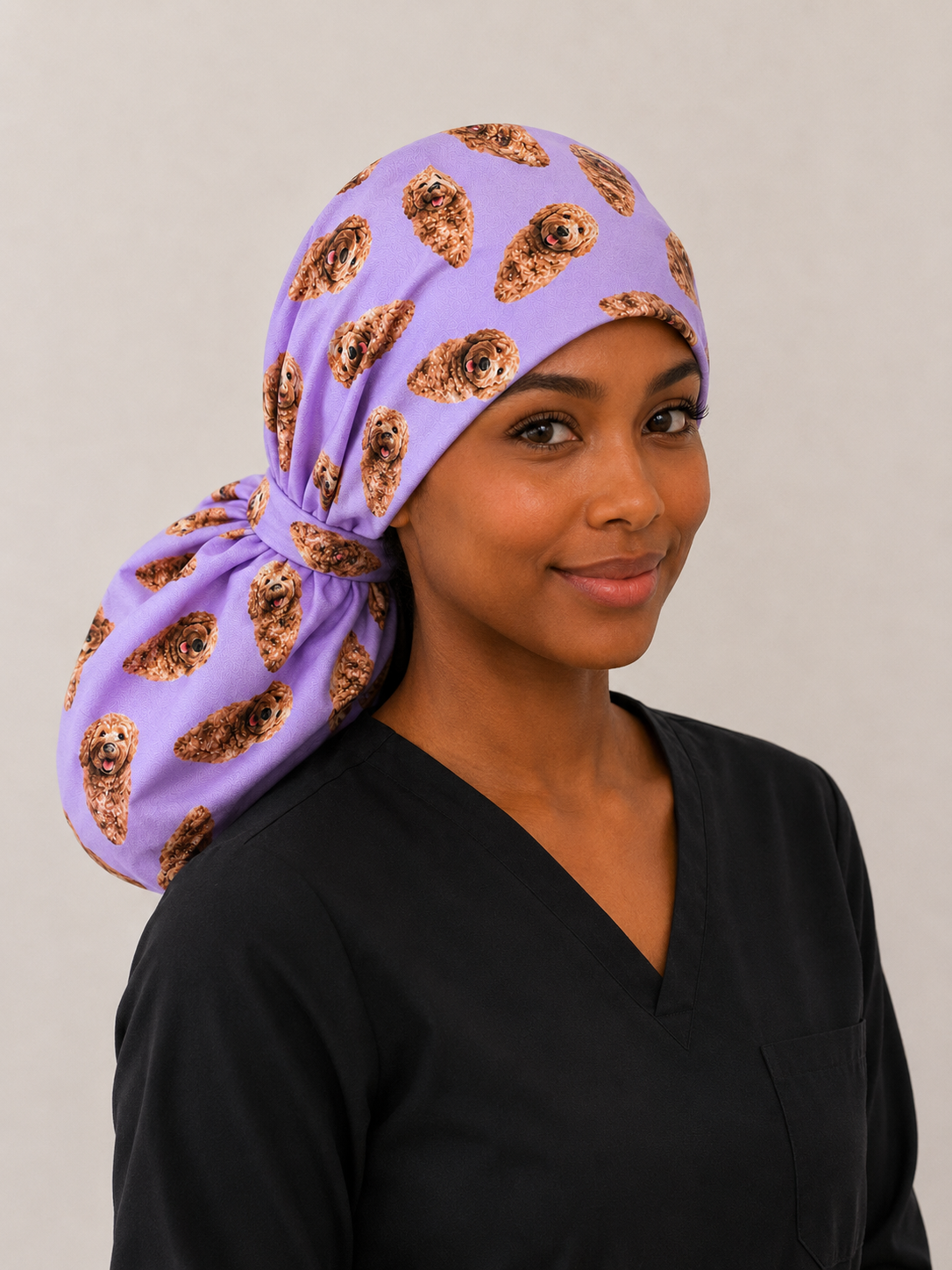 XXL custom pet photo ponytail scrub cap front view on model with long natural hair personalized surgical hat for nurses OR World handmade USA