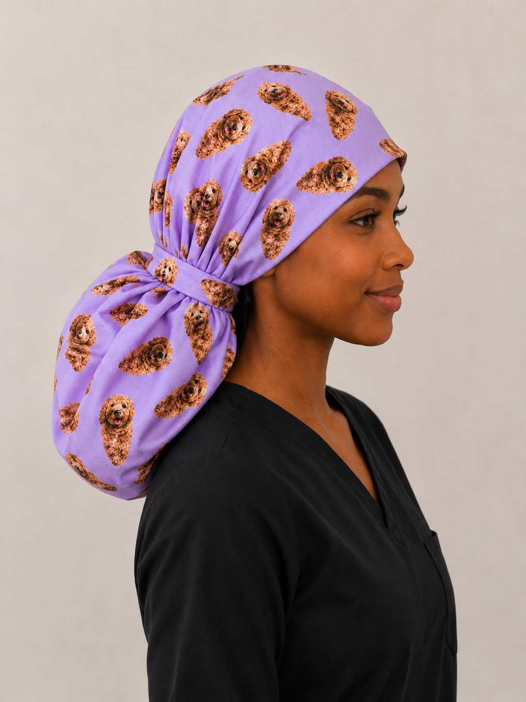 XXL custom pet photo ponytail scrub cap right side view adjustable tie closure personalized surgical hat nurses surgeons OR World handmade USA