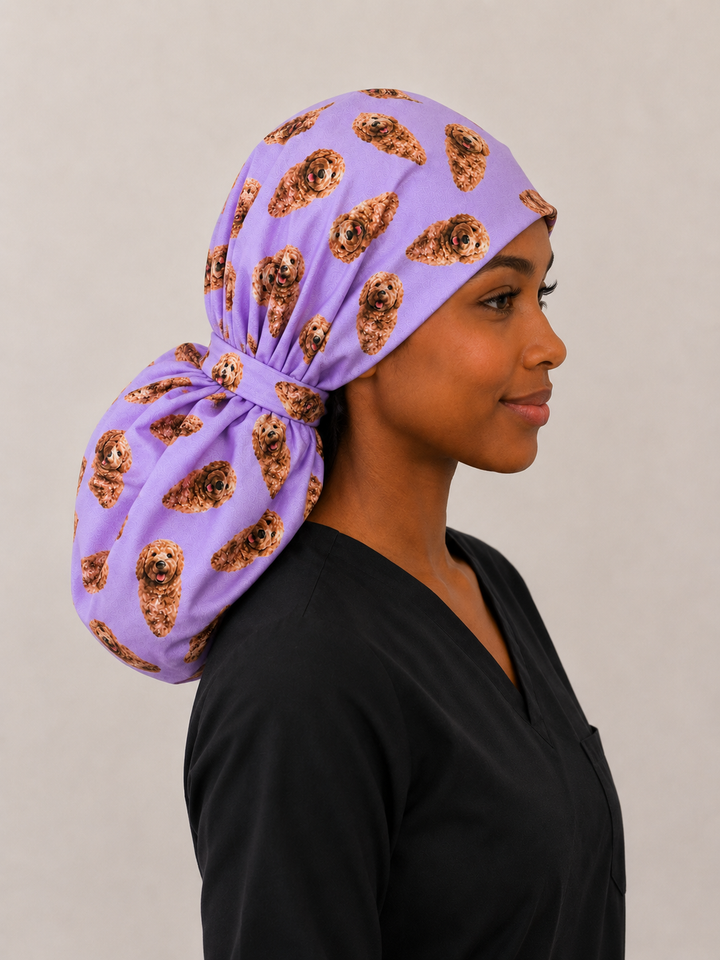 XXL custom pet photo ponytail scrub cap right side view adjustable tie closure personalized surgical hat nurses surgeons OR World handmade USA