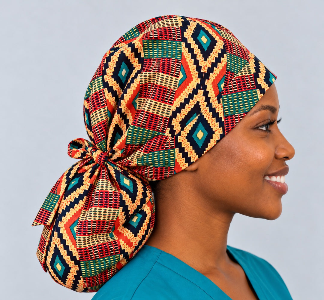 Left side profile of an XL ponytail scrub cap with room for locs, where a gold and teal diamond sits at the temple and the tie loops over the pouch