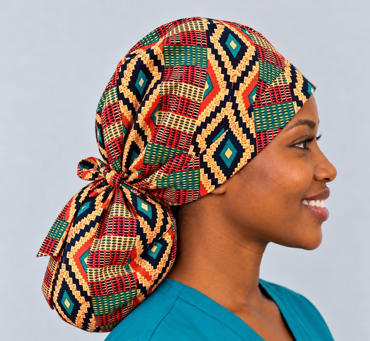 Left side profile of an XL ponytail scrub cap with room for locs, where a gold and teal diamond sits at the temple and the tie loops over the pouch