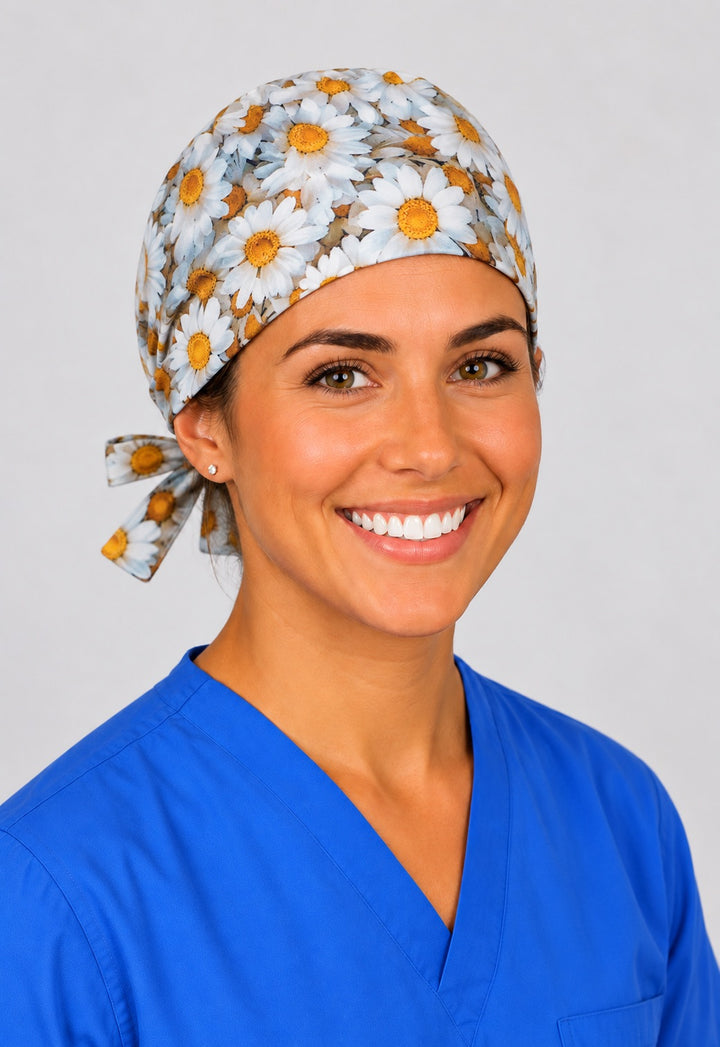 Yellow centered daisy scrub cap in left angled view, spring gift for midwives, vet techs and nurses