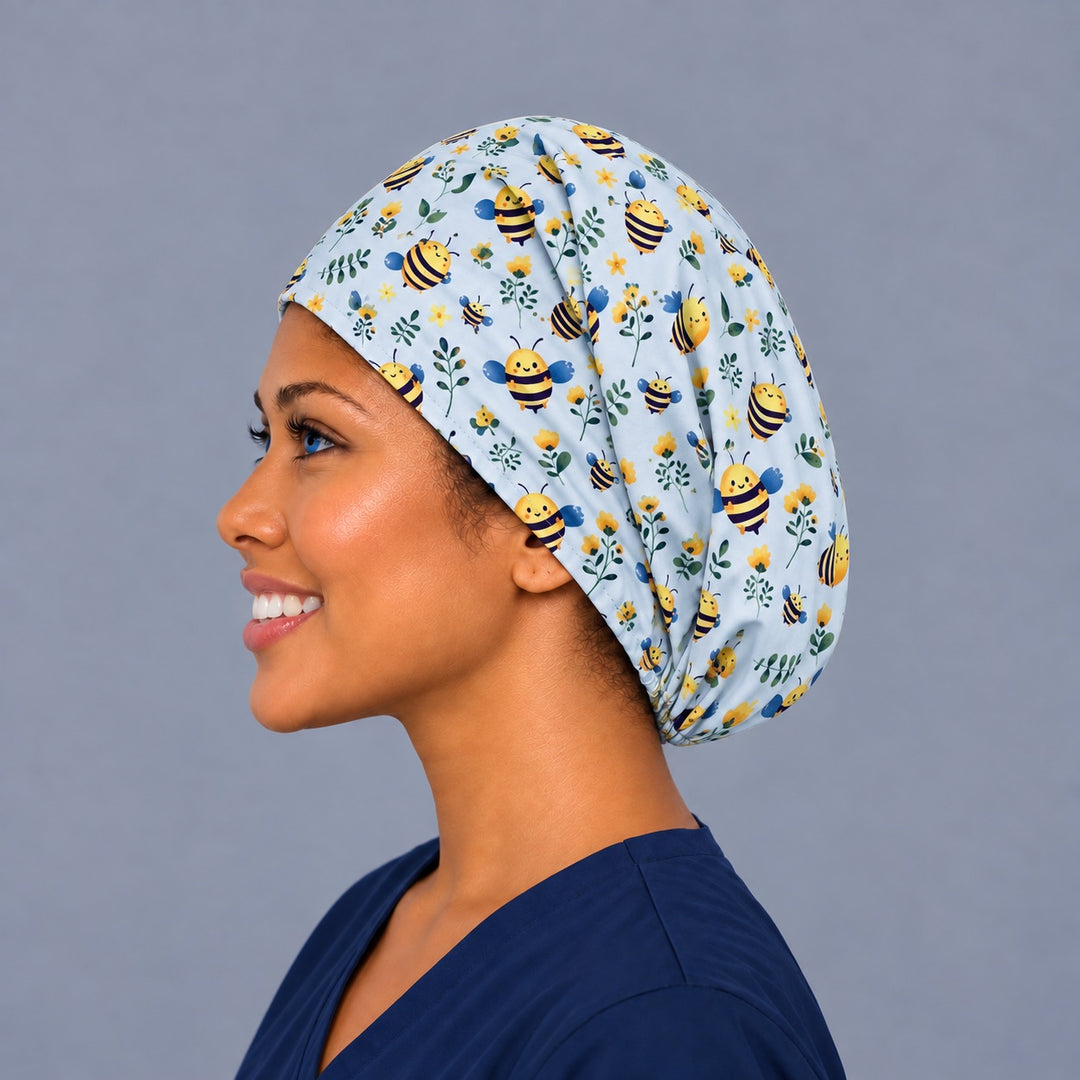 Left side profile of a yellow flower and bee OR cap in 100% cotton, showing the deep euro crown with room for a ponytail or bun