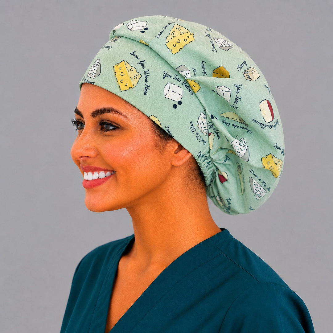 You Feta Believe bouffant scrub cap, opposite side view — cheese pun print roomy cap that secures long thick hair, foodie nurse gift