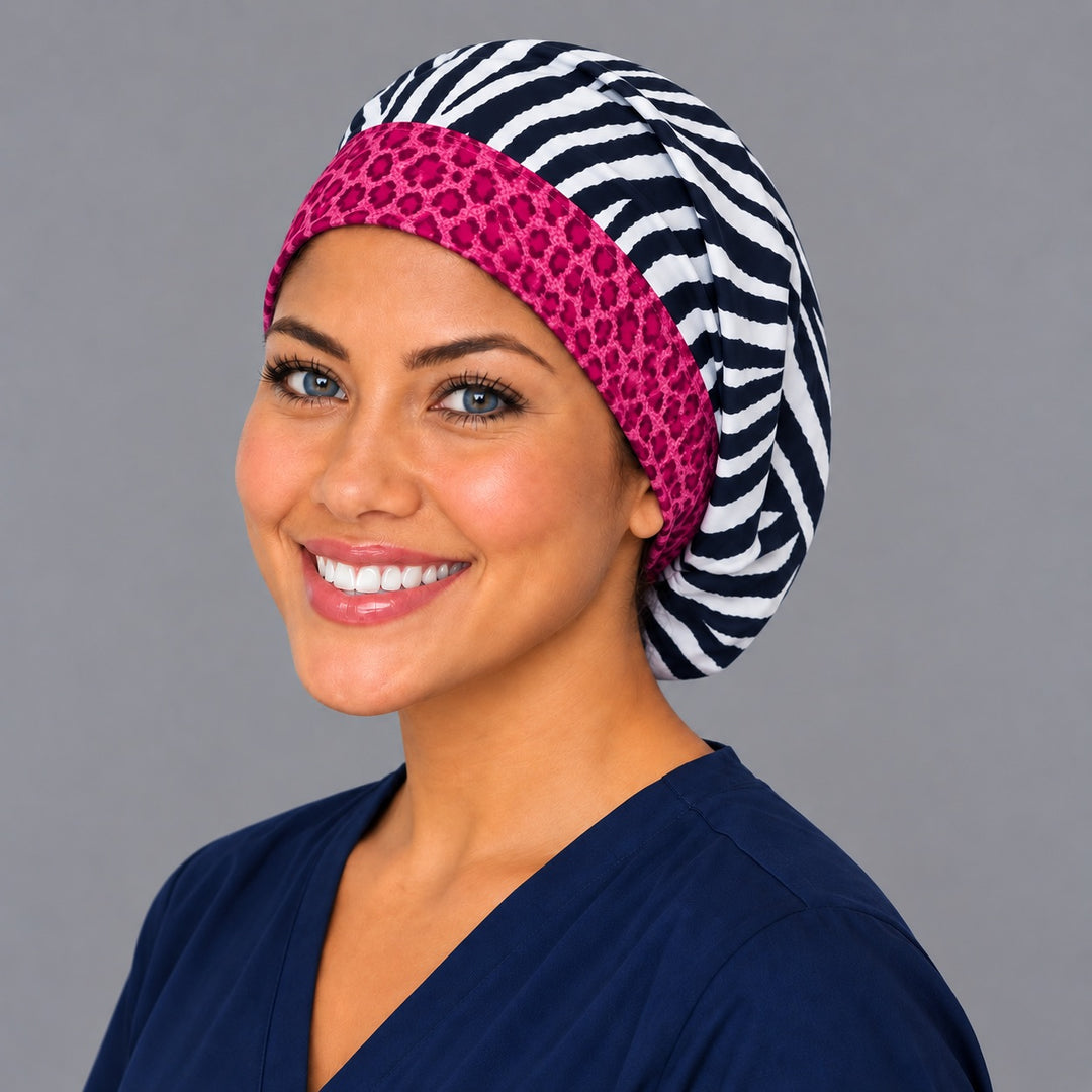 Zebra and cheetah Euro surgical cap, left angled view — elastic adjustable back that secures long or thick hair