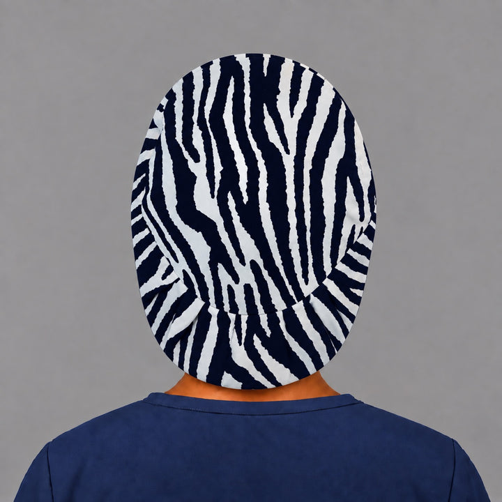 Back view of the zebra Euro scrub cap — elastic gathered back showing navy and white stripes across the crown