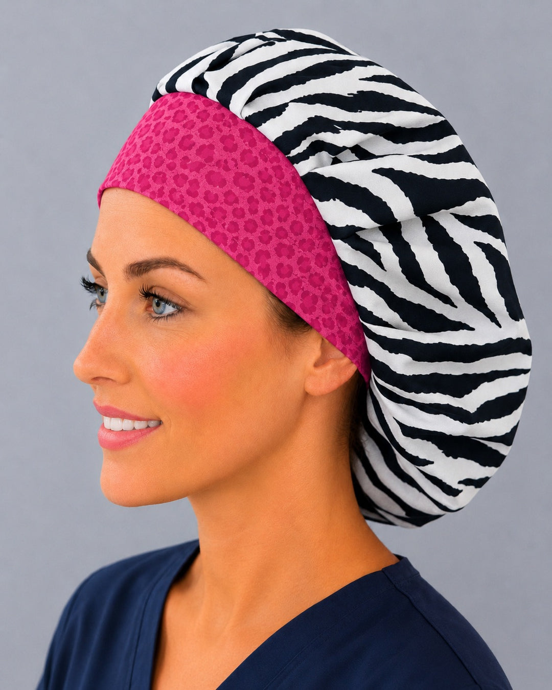 Zebra stripe bouffant scrub cap, left side profile — hot pink cheetah band for OR nurses and surgical techs