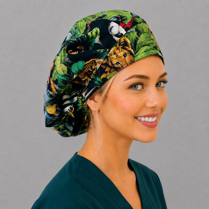 Profile view of the zoo animal bouffant scrub cap — giraffe, panda and elephant jungle print with elastic gathered fit for thick hair
