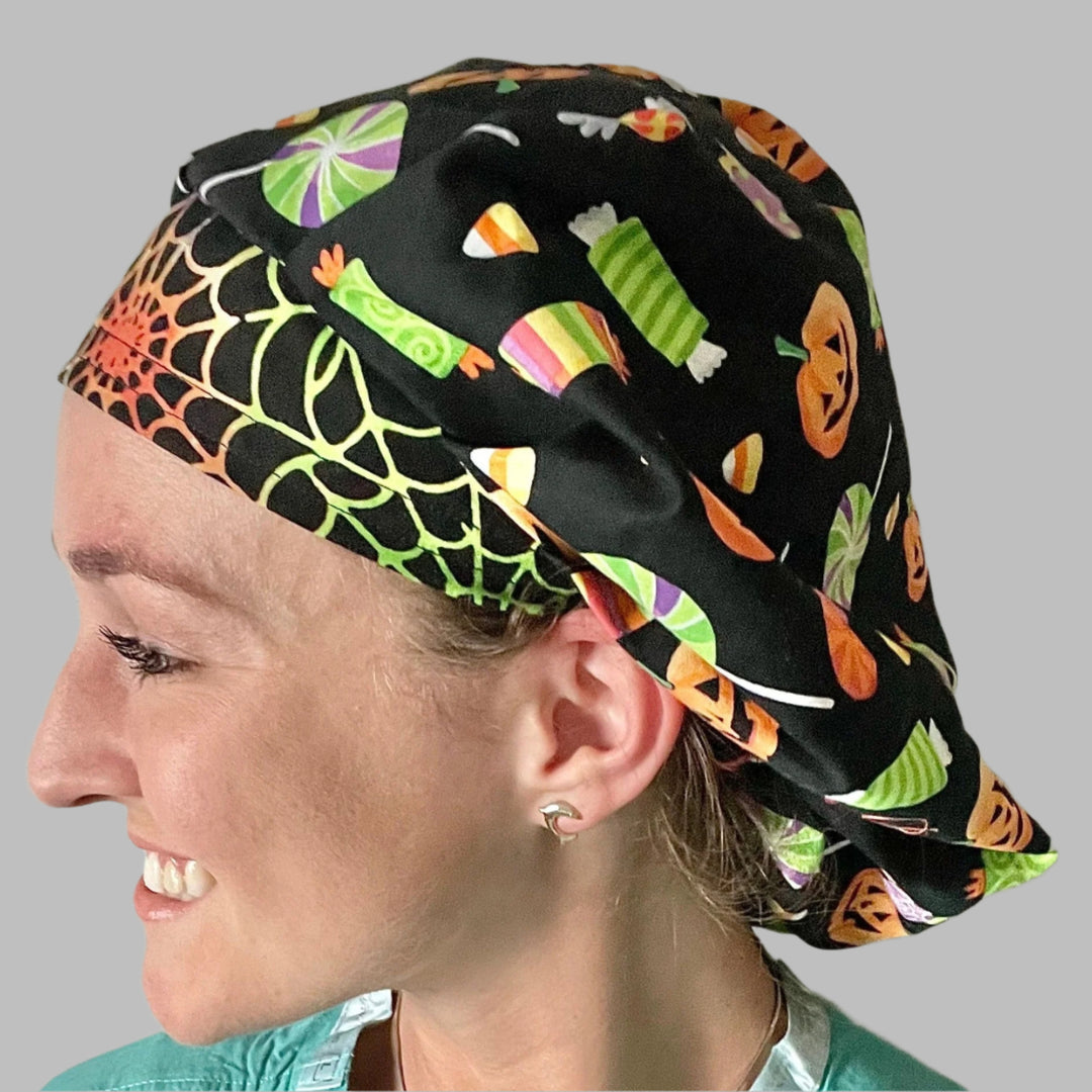 Bouffant Scrub Cap Halloween Candy &amp; Pumpkin Surgical Cap for Women Nurses, Surgeons &amp; Healthcare Professionals