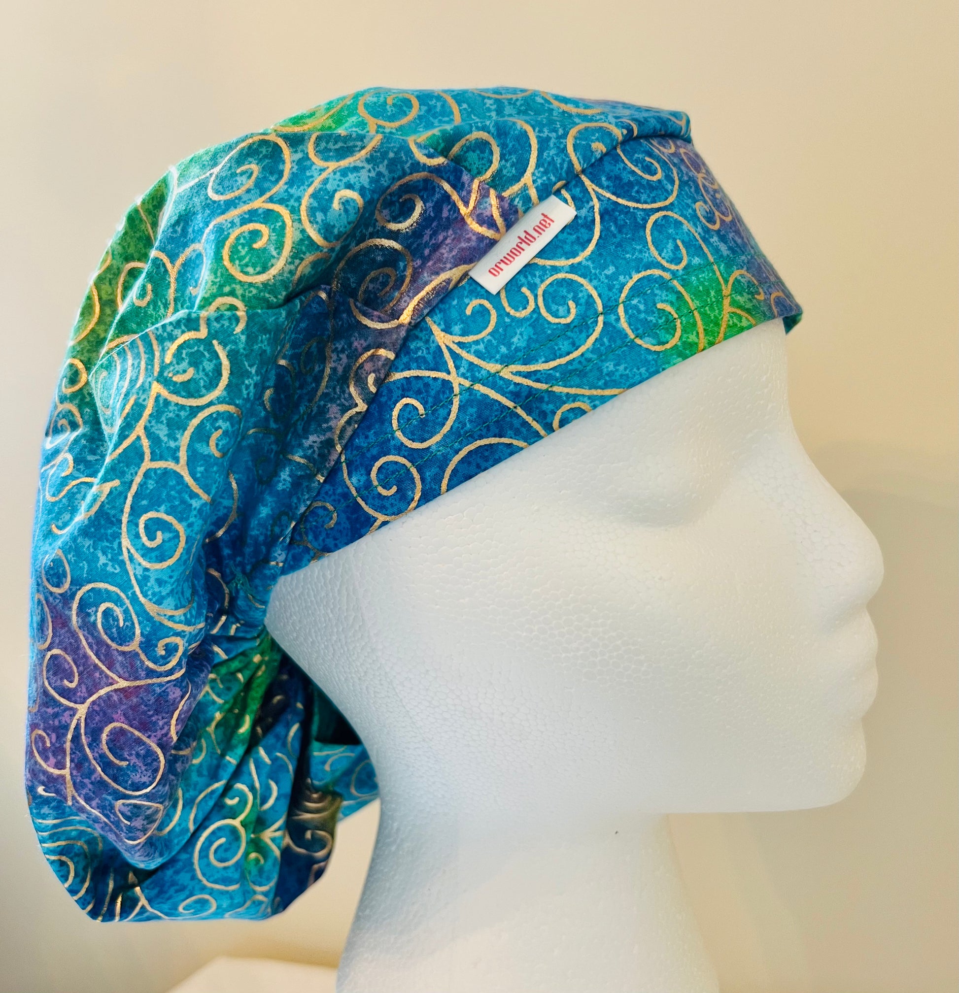 batik blue with metallic swirls bouffant style surgical hat