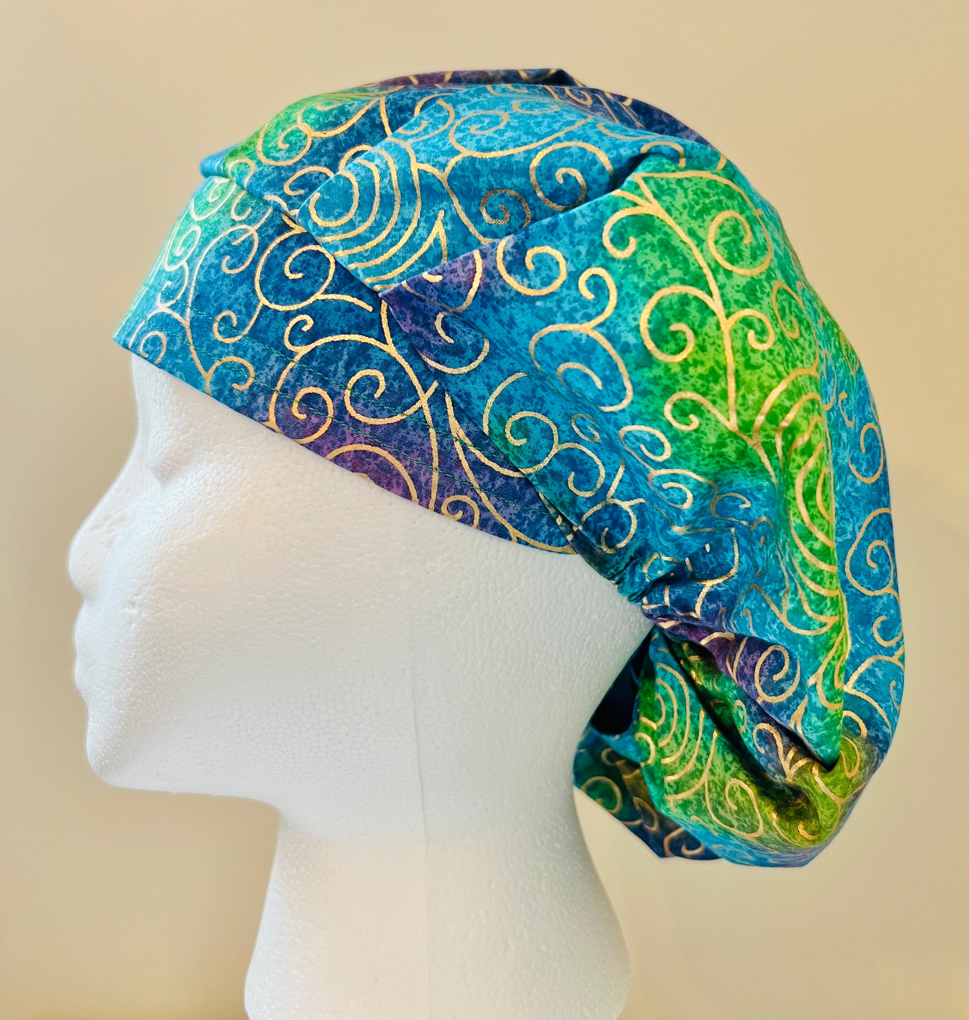 batik blue with metallic swirls bouffant style surgical hat
