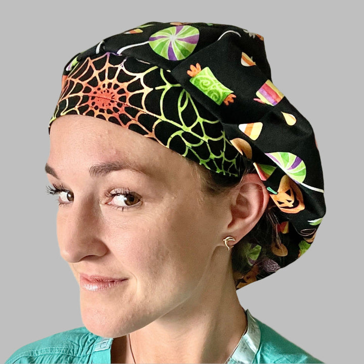Bouffant Scrub Cap Halloween Candy &amp; Pumpkin Surgical Cap for Women Nurses, Surgeons &amp; Healthcare Professionals