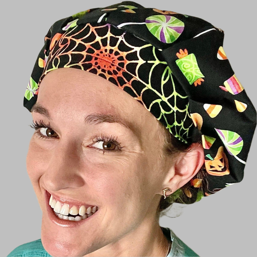 Bouffant Scrub Cap Halloween Candy & Pumpkin Surgical Cap for Women Nurses, Surgeons & Healthcare Professionals