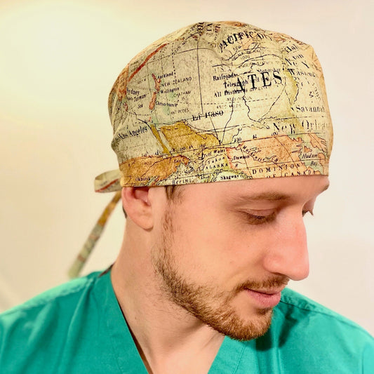 Scrub Cap-Men-World Map-Travel-Atlas-Compass-The Traveler OR World LLC Surgical Caps-Hats-Scrub Caps-Bouffants-Fun patterns for OR Nurses-Surgical Nurses-Scrub Techs-Surgical Technologists-Technicians-Dentistry-Food Production-Cancer Patients and other medical professionals!   Scrub Cap-Offers a unique, gender neutral design that wraps around head with the ability to tie string in multiple variations. This top-rated, 100% cotton pattern was customized for your protection, comfort and style!