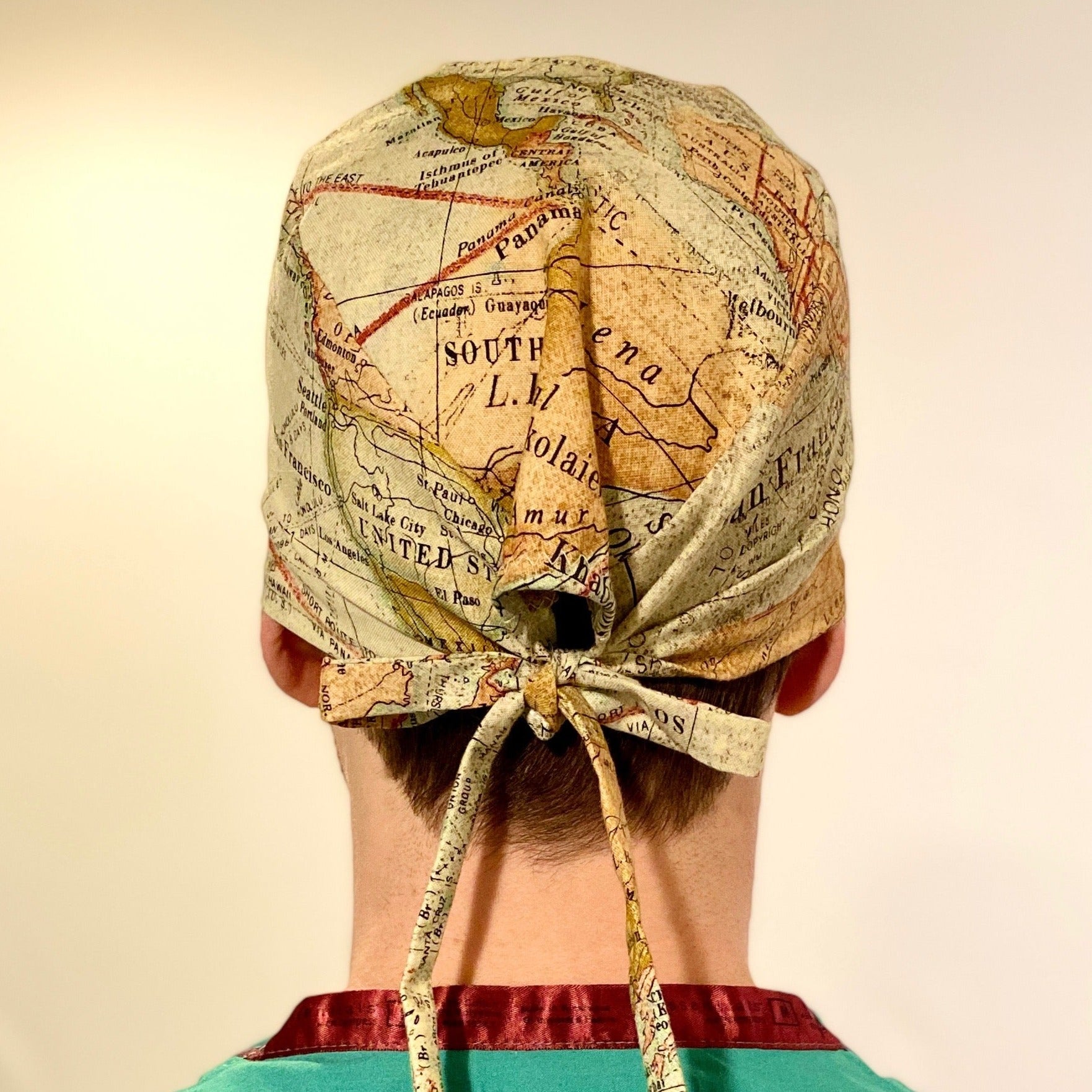Scrub Cap-Men-World Map-Travel-Atlas-Compass-The Traveler OR World LLC Surgical Caps-Hats-Scrub Caps-Bouffants-Fun patterns for OR Nurses-Surgical Nurses-Scrub Techs-Surgical Technologists-Technicians-Dentistry-Food Production-Cancer Patients and other medical professionals!   Scrub Cap-Offers a unique, gender neutral design that wraps around head with the ability to tie string in multiple variations. This top-rated, 100% cotton pattern was customized for your protection, comfort and style!