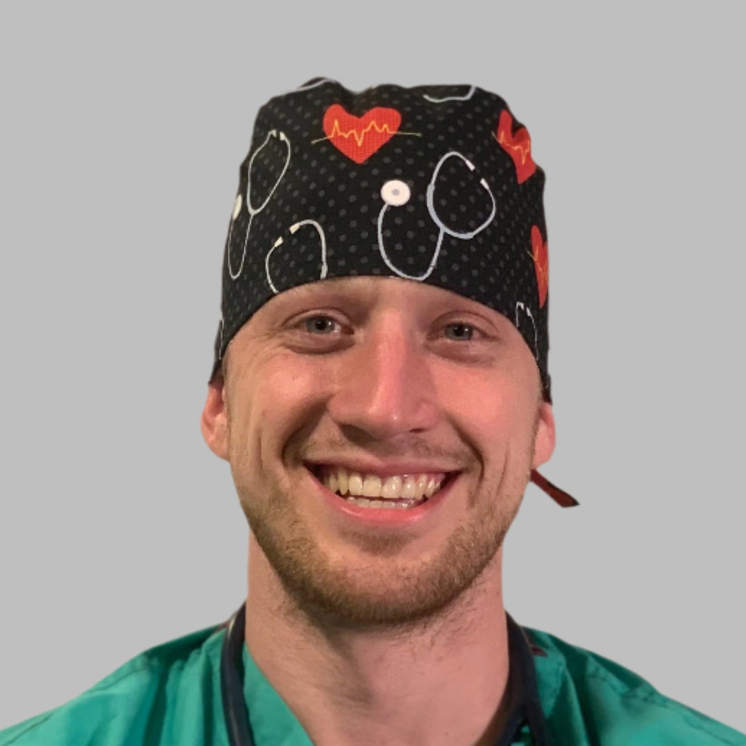Cardiology Scrub Cap – Heartbeat EKG Hearts on Black | Nurse & Doctor Surgical Cap